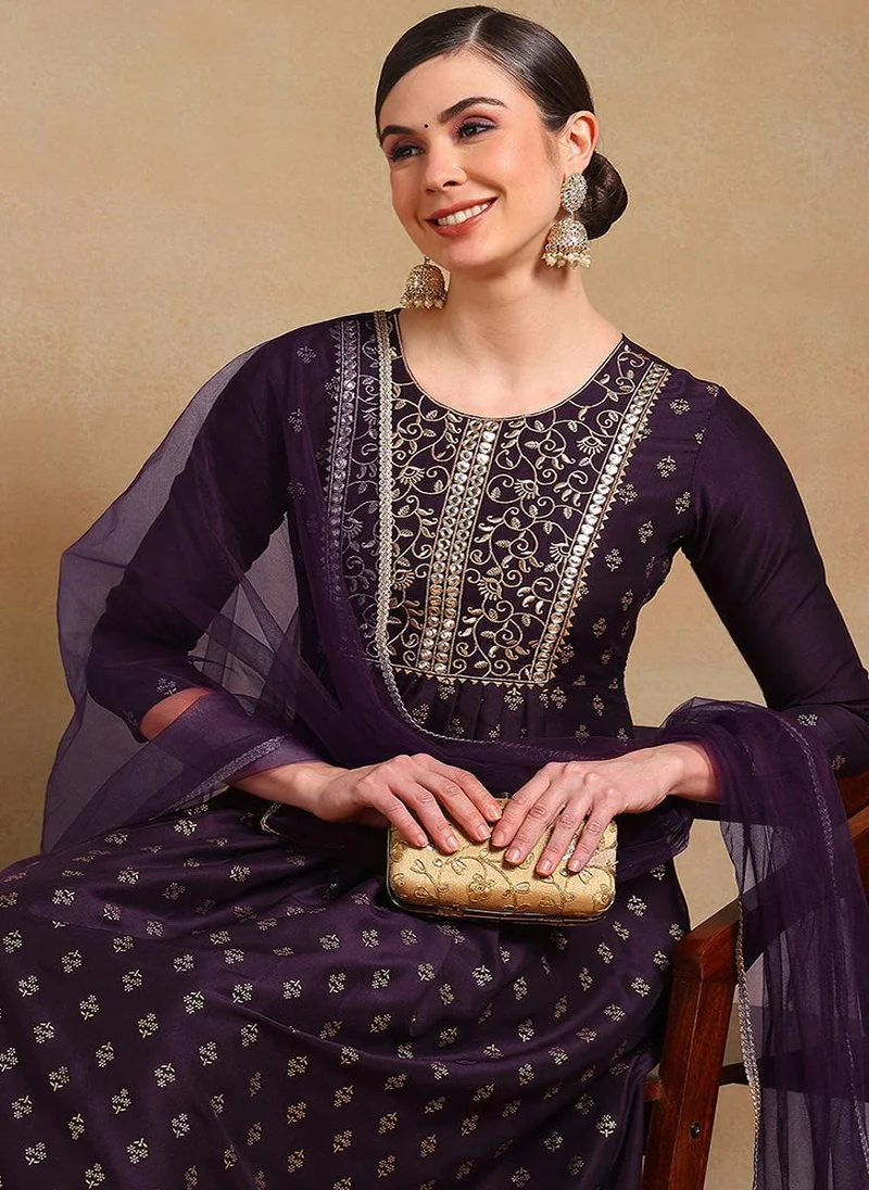 زيري سوق Purple Silk Blend Woven Design Flared Empire 3-Piece Kurta Set