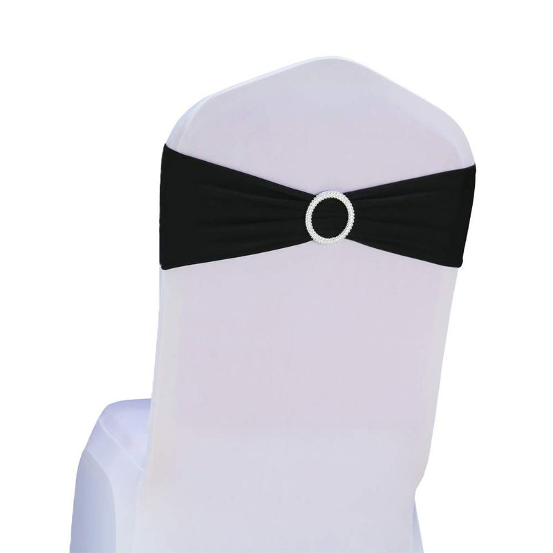 SINSSOWL 50 Stretch Spandex Black Chair Sashes for Wedding Chair Bows Bands with Slider Buckles Fitting Party Feast Banquet Restaurant Event Bridal Baby Shower Decoration