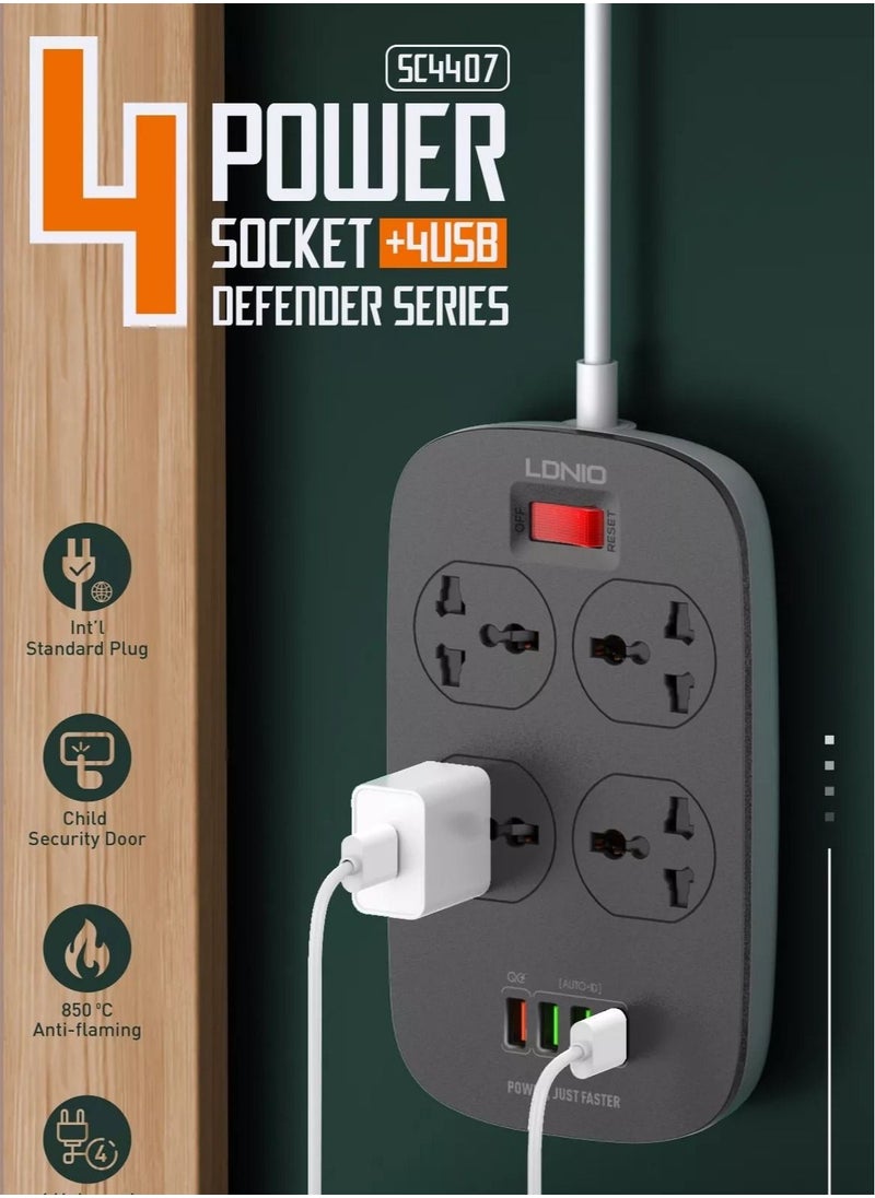 LDNIO - 2500W Power Extension Socket with 4 Power Sockets and 18W USB Ports | Defender Series Power Strip with QC USB Port Fast Charging | 2M Power Cord - Image 1
