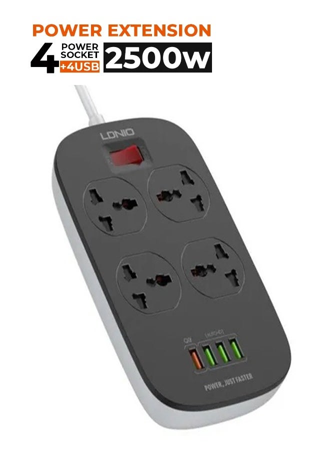LDNIO - 2500W Power Extension Socket with 4 Power Sockets and 18W USB Ports | Defender Series Power Strip with QC USB Port Fast Charging | 2M Power Cord - Image 1