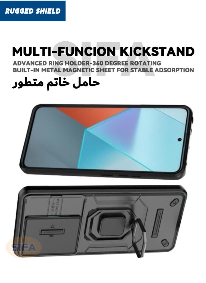 راجيد شيلد - حافظة Redmi Note 13 Pro 5G / Xiaomi POCO X6 5G مع غطاء كاميرا منزلق، غطاء هاتف مقاوم للصدمات شديد التحمل من الدرجة العسكرية مع مسند لهاتف Redmi Note 13 Pro 5G / Xiaomi POCO X6 5G، أسود - Image 1