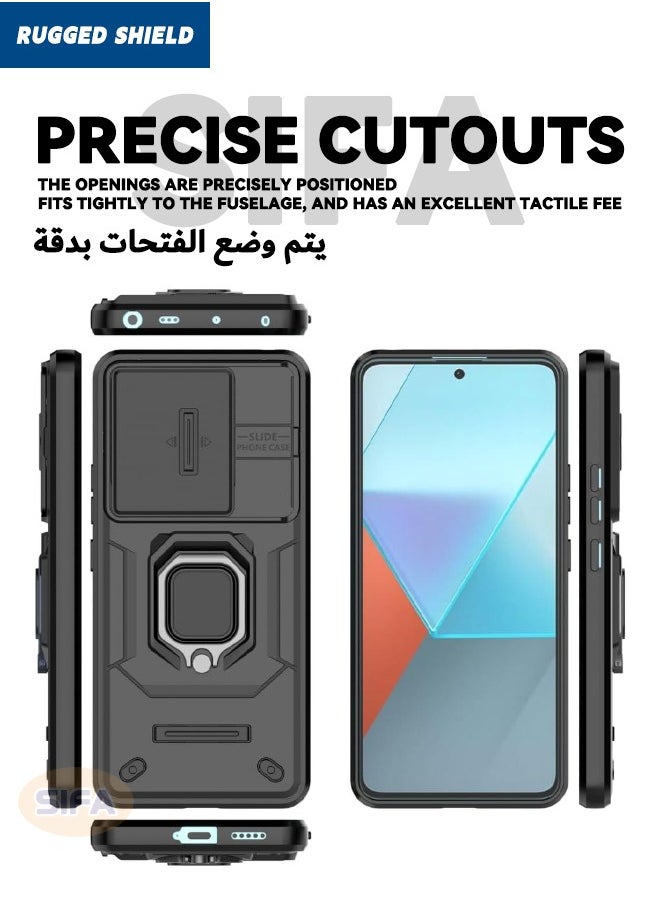 راجيد شيلد - حافظة Redmi Note 13 Pro 5G / Xiaomi POCO X6 5G مع غطاء كاميرا منزلق، غطاء هاتف مقاوم للصدمات شديد التحمل من الدرجة العسكرية مع مسند لهاتف Redmi Note 13 Pro 5G / Xiaomi POCO X6 5G، أسود - Image 1