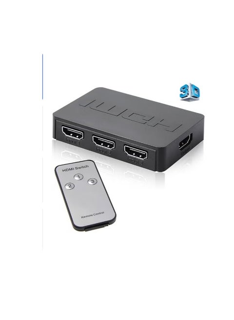 موزع HDMI ثلاثي المنافذ 3 في 1 بمفتاح تبديل تلقائي بدقة 1080 بكسل عالية الوضوح مع جهاز تحكم عن بعد لجهاز إكس بوكس 360 وبلايستيشن 3 وأجهزة البروجيكتور عالية الوضوح أسود