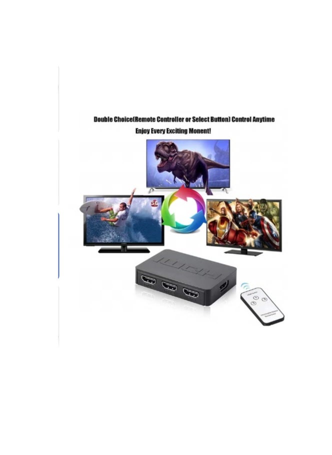 موزع HDMI ثلاثي المنافذ 3 في 1 بمفتاح تبديل تلقائي بدقة 1080 بكسل عالية الوضوح مع جهاز تحكم عن بعد لجهاز إكس بوكس 360 وبلايستيشن 3 وأجهزة البروجيكتور عالية الوضوح أسود