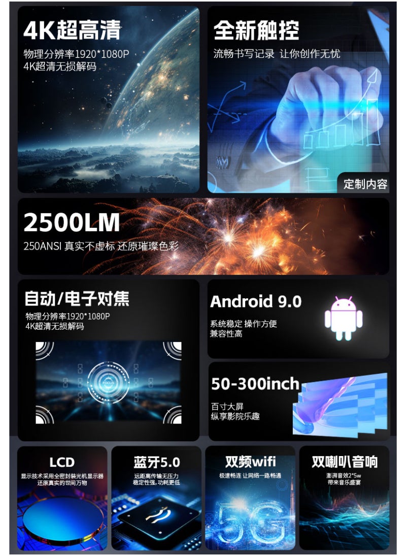 Full Hd 1080P Interactive Android 9.0 Mini Smart Portable Led Wifi Projector For Home Tv Led Video Game Movie White