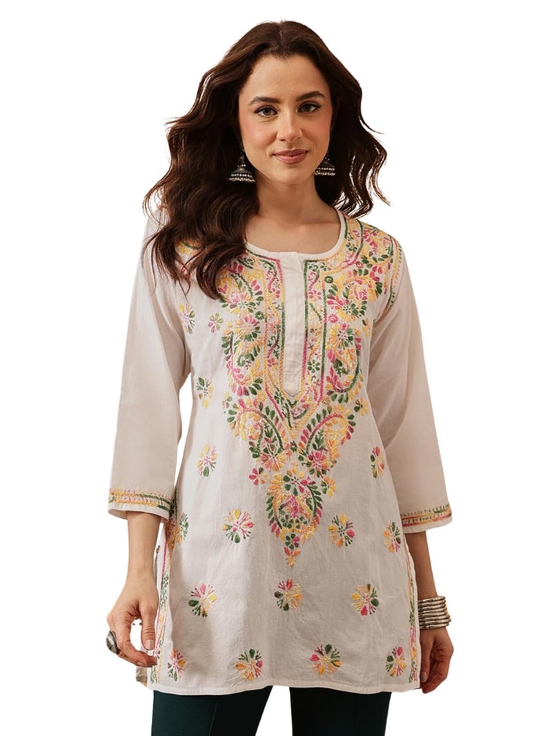 Ada Hand Embroidered Lucknow Chikankari White Cotton Short Kurti Tunic Top for Women A351501 (L), Regular Fit - Image 1
