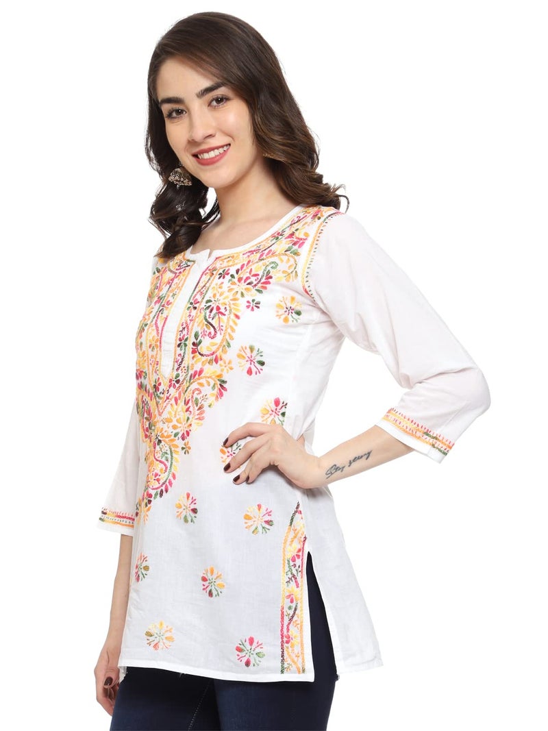 Ada Hand Embroidered Lucknow Chikankari White Cotton Short Kurti Tunic Top for Women A351501 (L), Regular Fit - Image 4