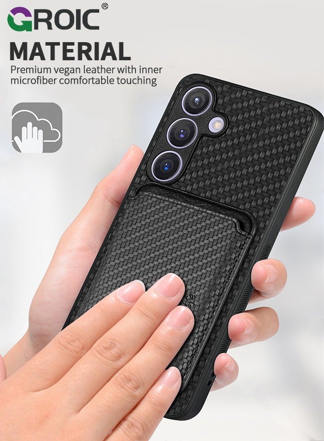 GROIC Black Sumsung Galaxy S24 Plus Wallet Flip Cover Credit Card Holder Slots Kickstand Shockproof Protection Premium Carbon Fiber Texture Silicone Phone Case Slim Case for Sumsung Galaxy S24 Plus  - Image 3
