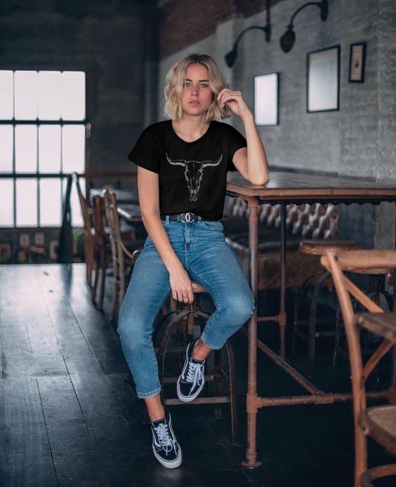 UNIQUEONE Boho Cow Skull Shirt Women Cowgirl t Shirt Vintage Western Rodeo Graphic Tee Short Sleeve Bull Skull Casual Top - Image 3