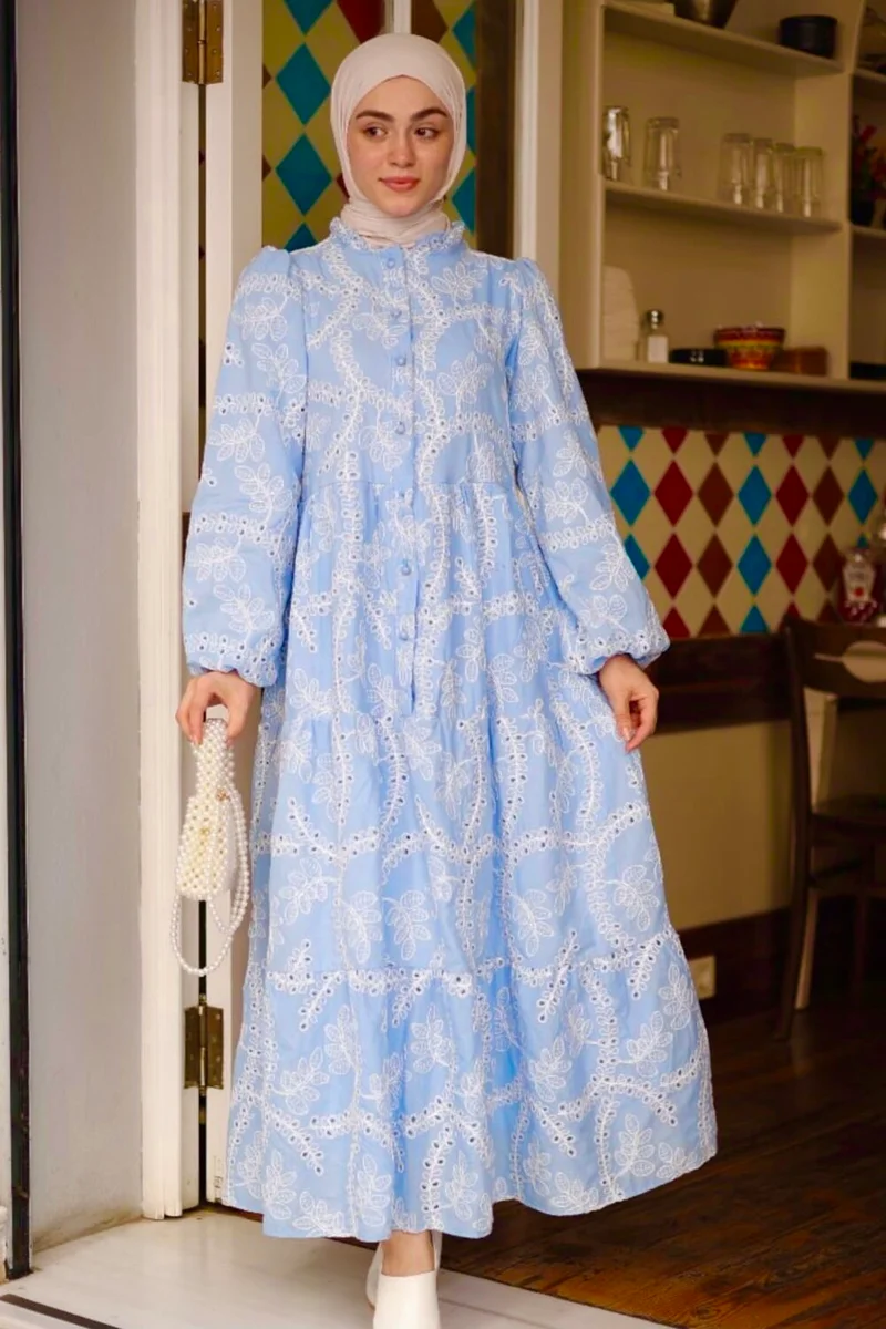 ريتنيس Women's Blue Embroidered Lined Long Dress