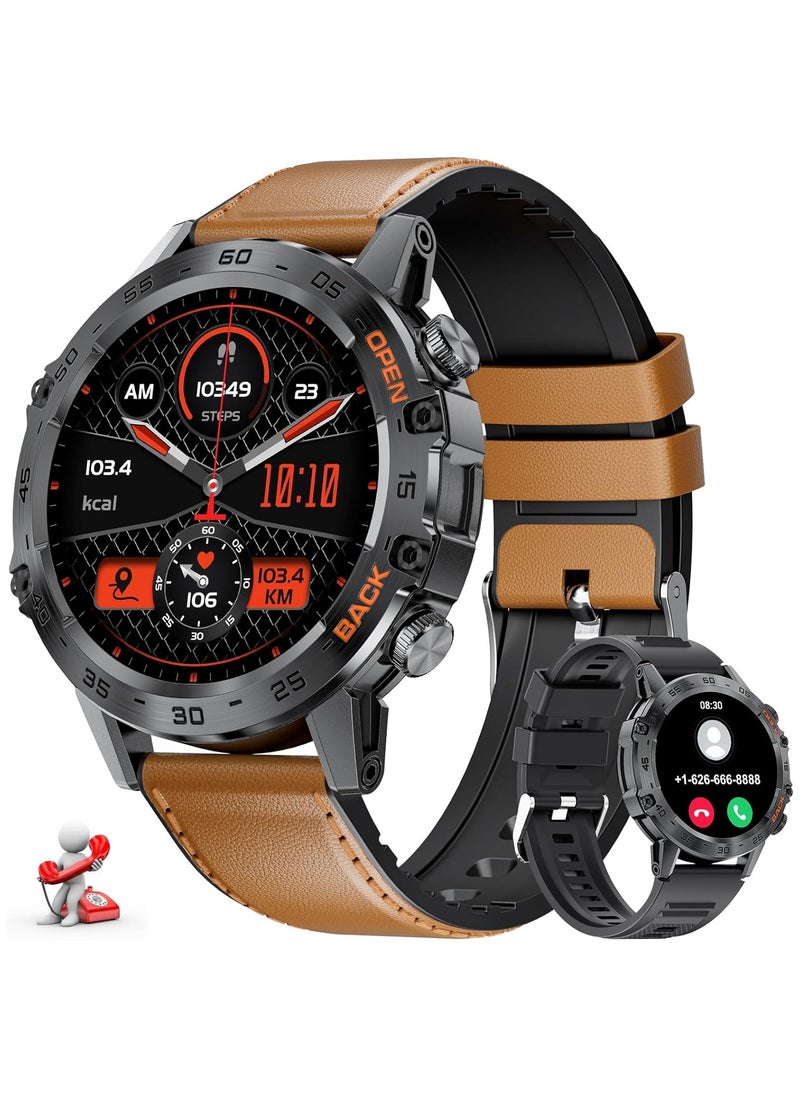 TDZDDYS Military Smartwatch for Men, 1.39" with SpO2, Sleep Monitor, Step Counter, 24/7 Heart Rate, 100+ Sports Modes, Make/Answer Call, Leather Band