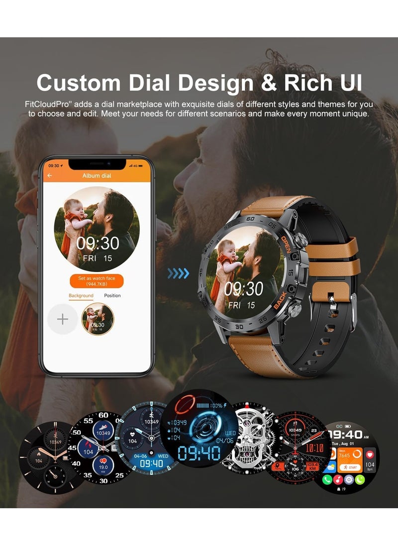 TDZDDYS Military Smartwatch for Men, 1.39" with SpO2, Sleep Monitor, Step Counter, 24/7 Heart Rate, 100+ Sports Modes, Make/Answer Call, Leather Band