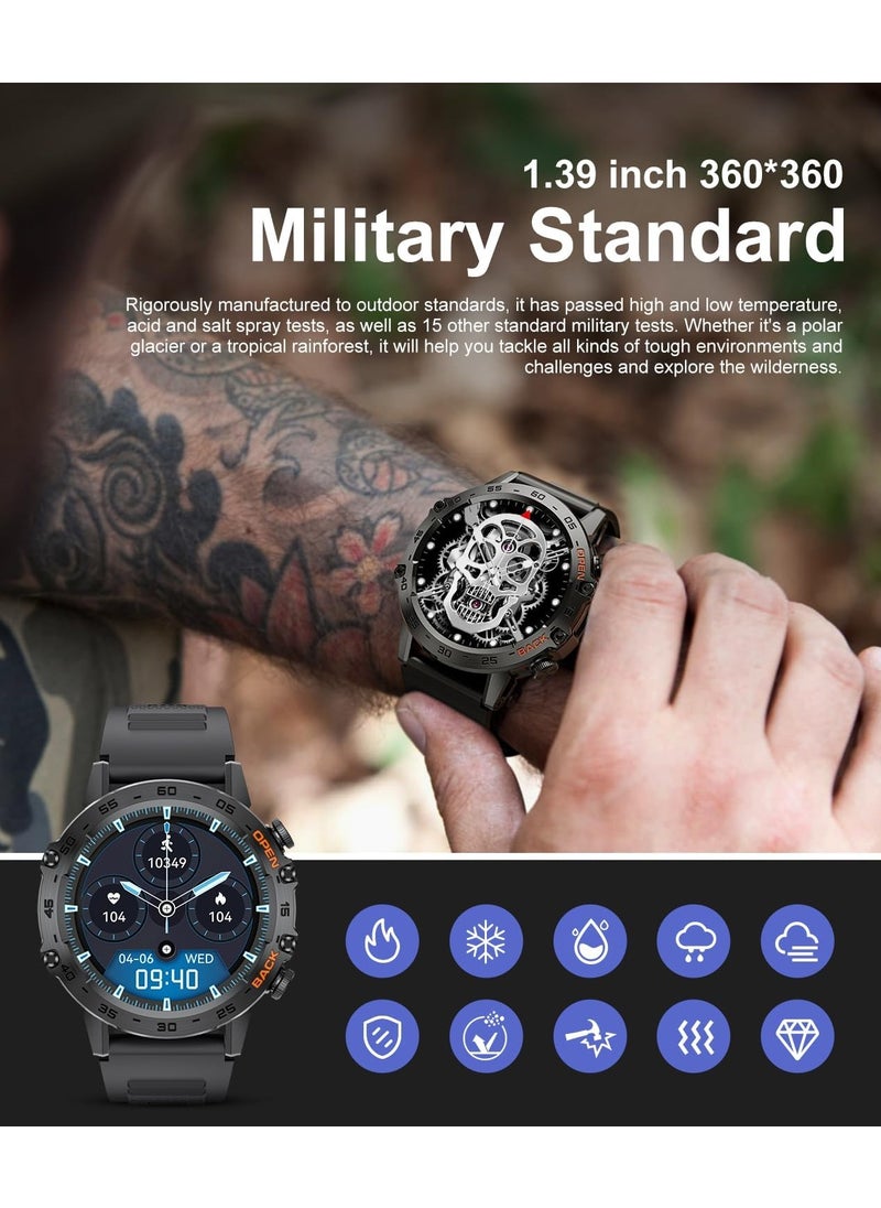 TDZDDYS Military Smartwatch for Men, 1.39" with SpO2, Sleep Monitor, Step Counter, 24/7 Heart Rate, 100+ Sports Modes, Make/Answer Call, Leather Band