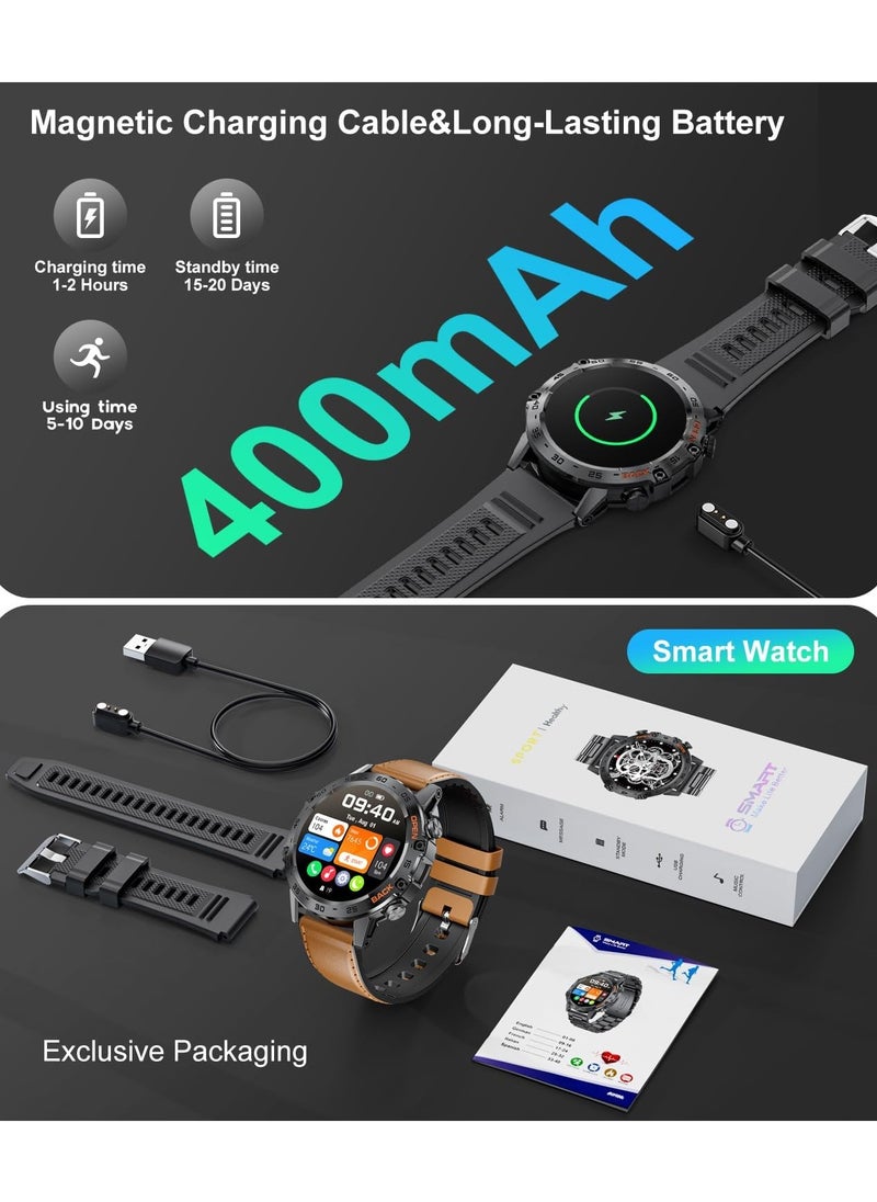 TDZDDYS Military Smartwatch for Men, 1.39" with SpO2, Sleep Monitor, Step Counter, 24/7 Heart Rate, 100+ Sports Modes, Make/Answer Call, Leather Band