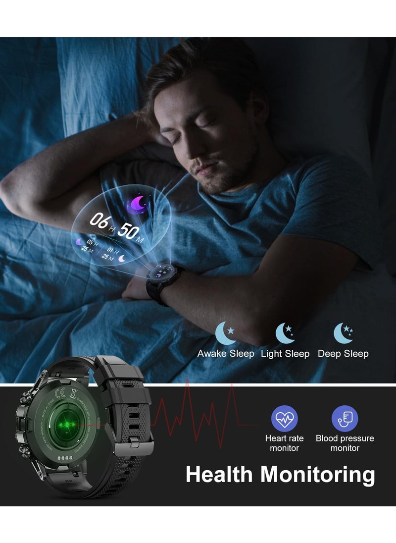TDZDDYS Military Smartwatch for Men, 1.39" with SpO2, Sleep Monitor, Step Counter, 24/7 Heart Rate, 100+ Sports Modes, Make/Answer Call, Leather Band