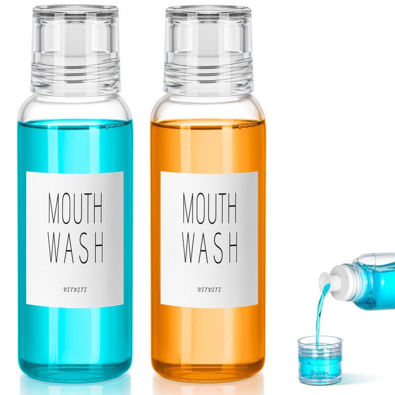 VITVITI Glass Mouthwash Dispenser for Bathroom, 10 OZ Mouth Wash Container Bottle with Lid Cup, Countertop Small Clear Refillable Mouthwash Dispensers Decanter, Set of 2 (White) - Image 1