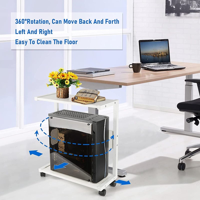 INDIAN DECOR INDIAN DECOR 45152 Space Saving Racks MultiLayer fax Racks Computer Tower Stand PC Stand 2Tier CPU Stand with Lockable Wheels Under Desk Fits Most PC White  - Image 3