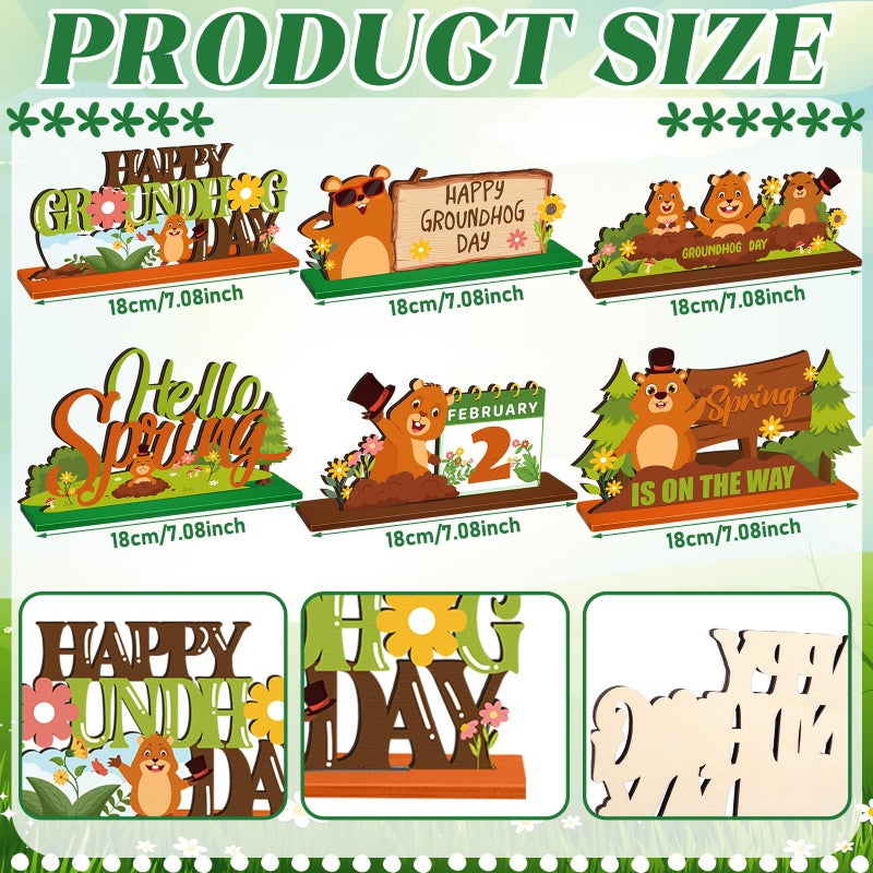 Quzzil 6 Pcs Groundhog Day Wooden Decorations Cute Groundhog Party Wooden Table Decorations Centerpieces for Weather Forecast Spring February Party Decor Supplies - Image 2