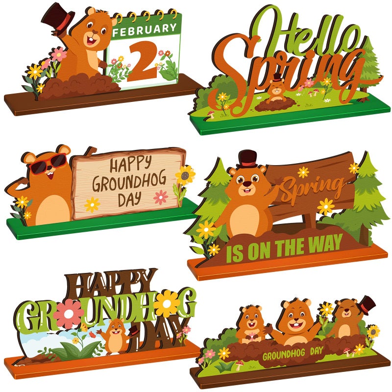 Quzzil 6 Pcs Groundhog Day Wooden Decorations Cute Groundhog Party Wooden Table Decorations Centerpieces for Weather Forecast Spring February Party Decor Supplies - Image 1