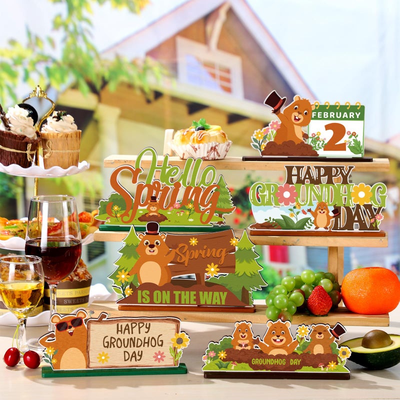 Quzzil 6 Pcs Groundhog Day Wooden Decorations Cute Groundhog Party Wooden Table Decorations Centerpieces for Weather Forecast Spring February Party Decor Supplies - Image 3