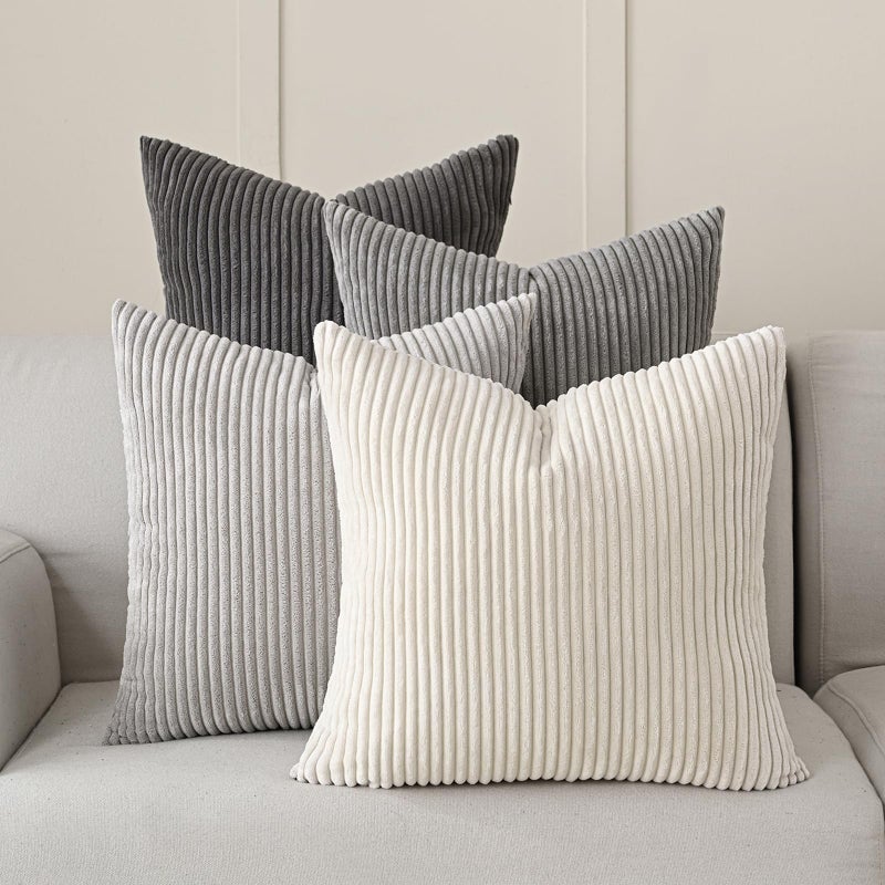 Volcanics Set of 4 Neutral Grey Corduroy Decorative Couch Throw Pillow Covers 18x18 Inch, Western Modern Farmhouse Striped Cushion Cases, Soft Boho Square Accent Pillow Covers for Home Sofa - Image 1
