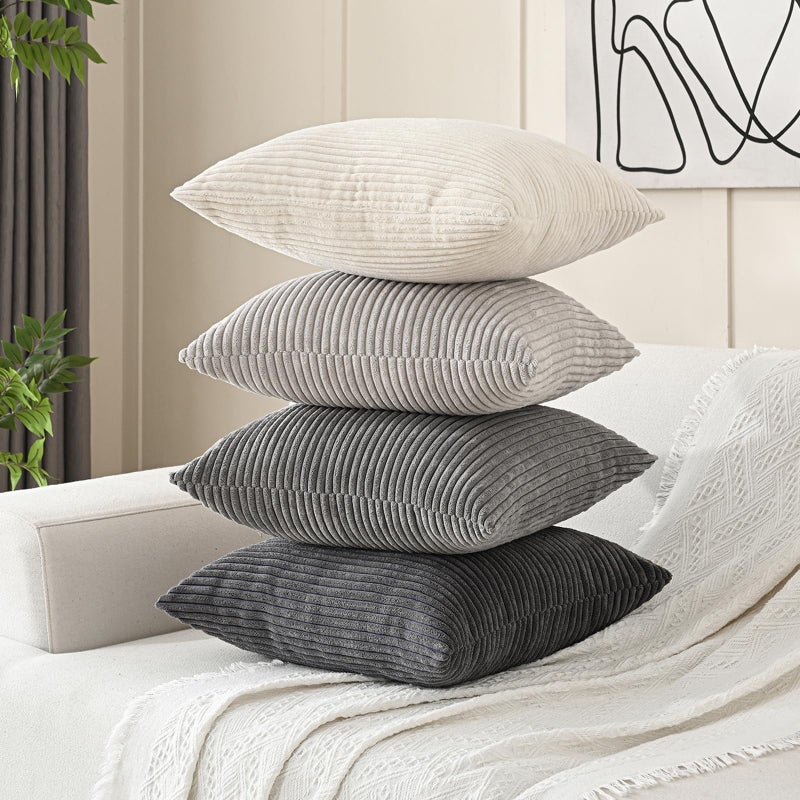 Volcanics Set of 4 Neutral Grey Corduroy Decorative Couch Throw Pillow Covers 18x18 Inch, Western Modern Farmhouse Striped Cushion Cases, Soft Boho Square Accent Pillow Covers for Home Sofa - Image 2