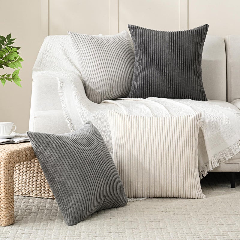 Volcanics Set of 4 Neutral Grey Corduroy Decorative Couch Throw Pillow Covers 18x18 Inch, Western Modern Farmhouse Striped Cushion Cases, Soft Boho Square Accent Pillow Covers for Home Sofa - Image 5
