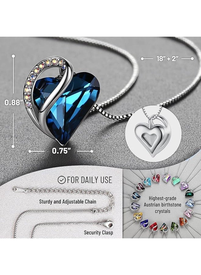 بريميم قلادات هدايا للنساء - قلادة قلب من الكريستال الأزرق "حب لا نهائي"، مجوهرات حجر الميلاد لشهري سبتمبر وديسمبر، مطلية بالفضة، سلسلة 18 بوصة + 2 بوصة، هدية مثالية لعيد الميلاد أو عيد الميلاد للأم والزوجة - Image 2