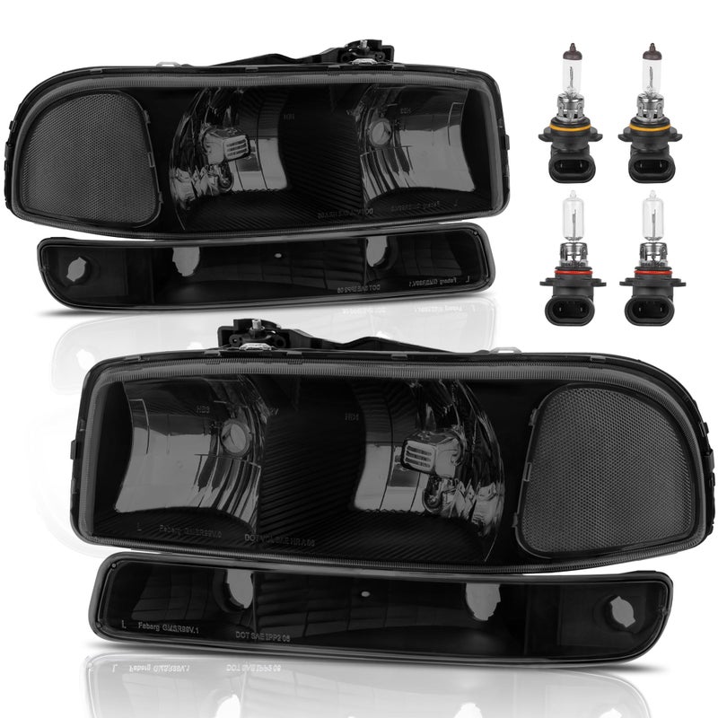 KUIPERAUTO Headlight Assembly Front Lamp Compatible with 19992006 GMC Sierra 1500 2500 20002006 GMC Yukon with Black HousingSmoked LensClear Corner with Bulbs