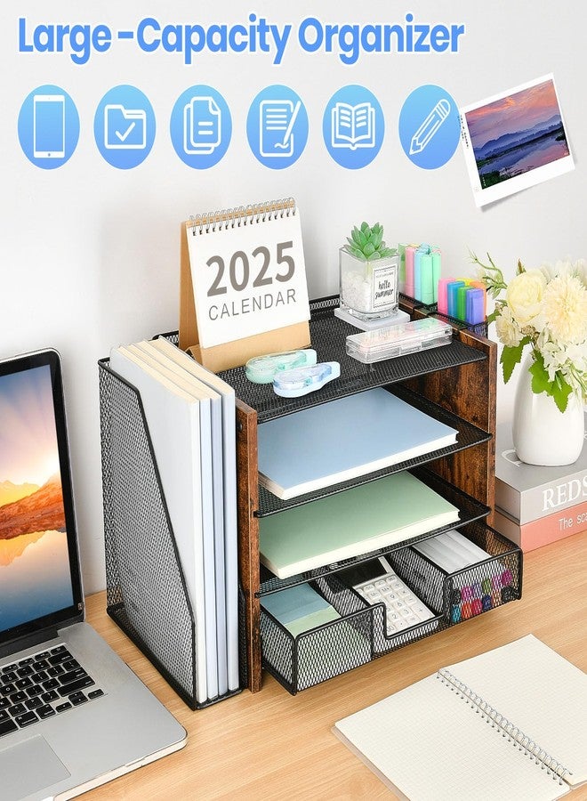 OPNICE Desk Organizers and Accessories, Desk Accessories & Workspace Organizers for Office Supplies, File Organizer Desk Drawer Organizer with 2 Pen Holders, 4 Tier Paper Organizer for Desk(Wood) - Image 2