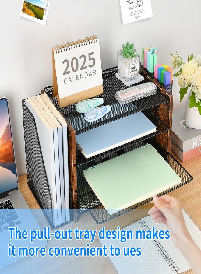 OPNICE Desk Organizers and Accessories, Desk Accessories & Workspace Organizers for Office Supplies, File Organizer Desk Drawer Organizer with 2 Pen Holders, 4 Tier Paper Organizer for Desk(Wood) - Image 4