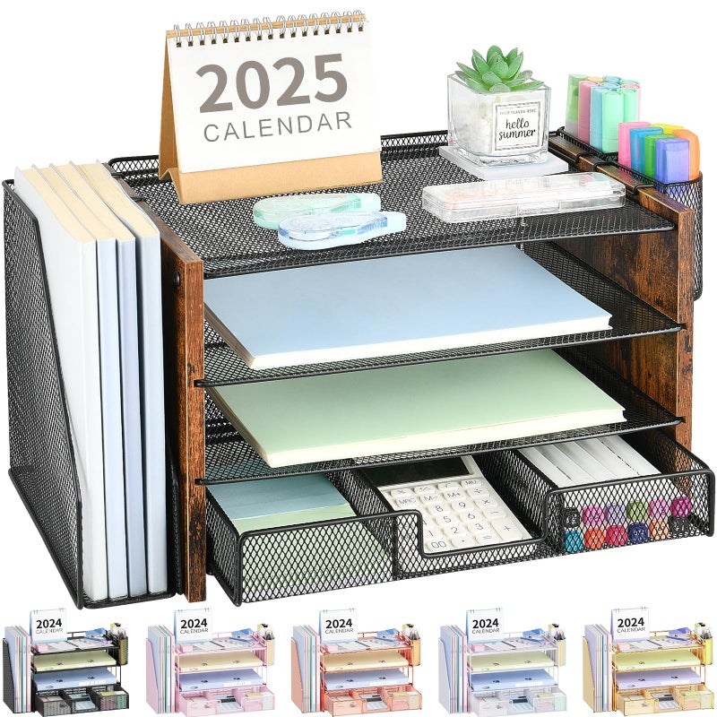 OPNICE Desk Organizers and Accessories, Desk Accessories & Workspace Organizers for Office Supplies, File Organizer Desk Drawer Organizer with 2 Pen Holders, 4 Tier Paper Organizer for Desk(Wood) - Image 1