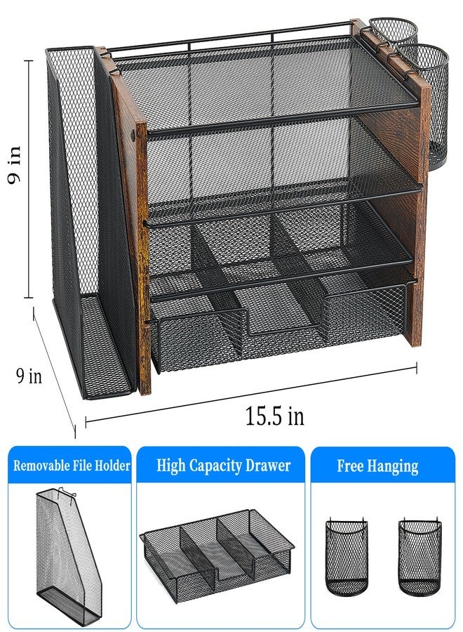 OPNICE Desk Organizers and Accessories, Desk Accessories & Workspace Organizers for Office Supplies, File Organizer Desk Drawer Organizer with 2 Pen Holders, 4 Tier Paper Organizer for Desk(Wood) - Image 3