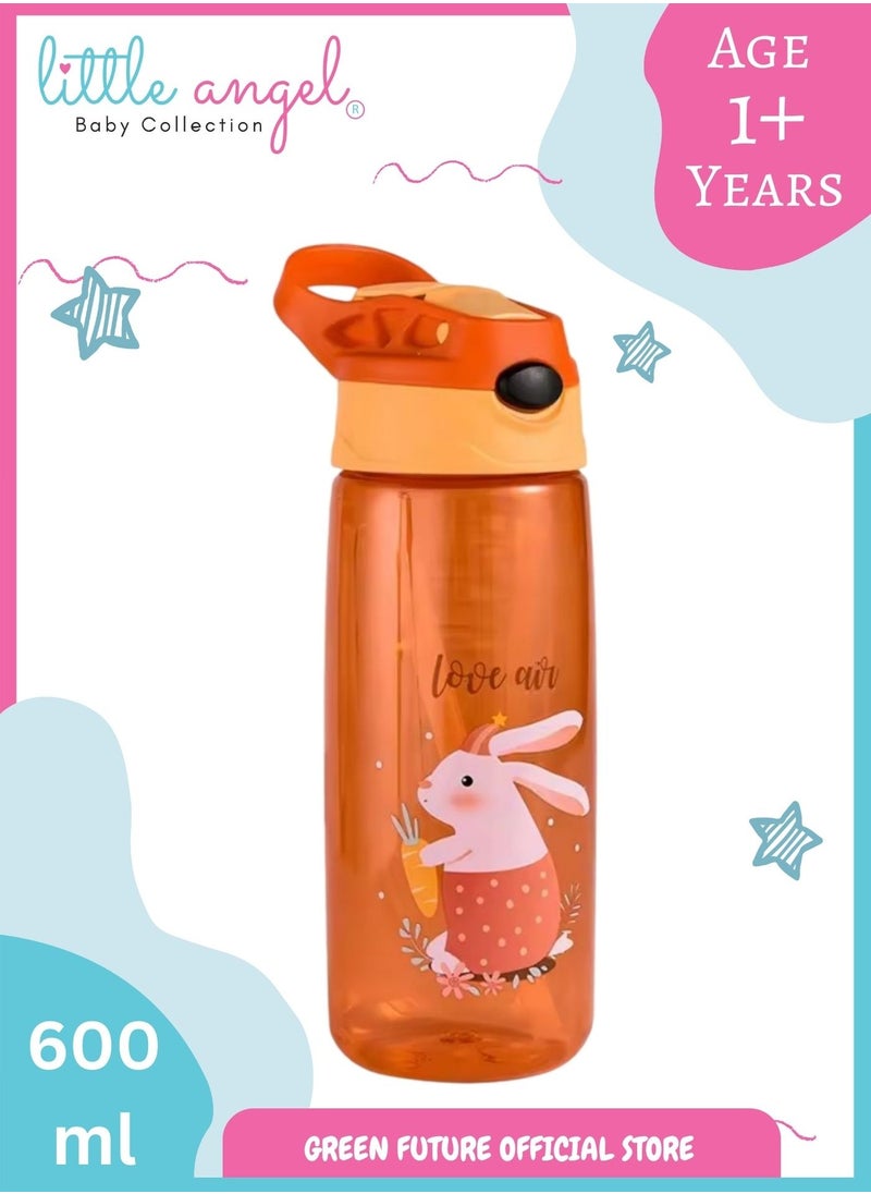 Little Angel Kids Water Bottle with Silicone Straw and Handle, Easy Use for Girls and Boys, BPA-free Water Bottle for Kids 600 ML - Orange  - Image 1