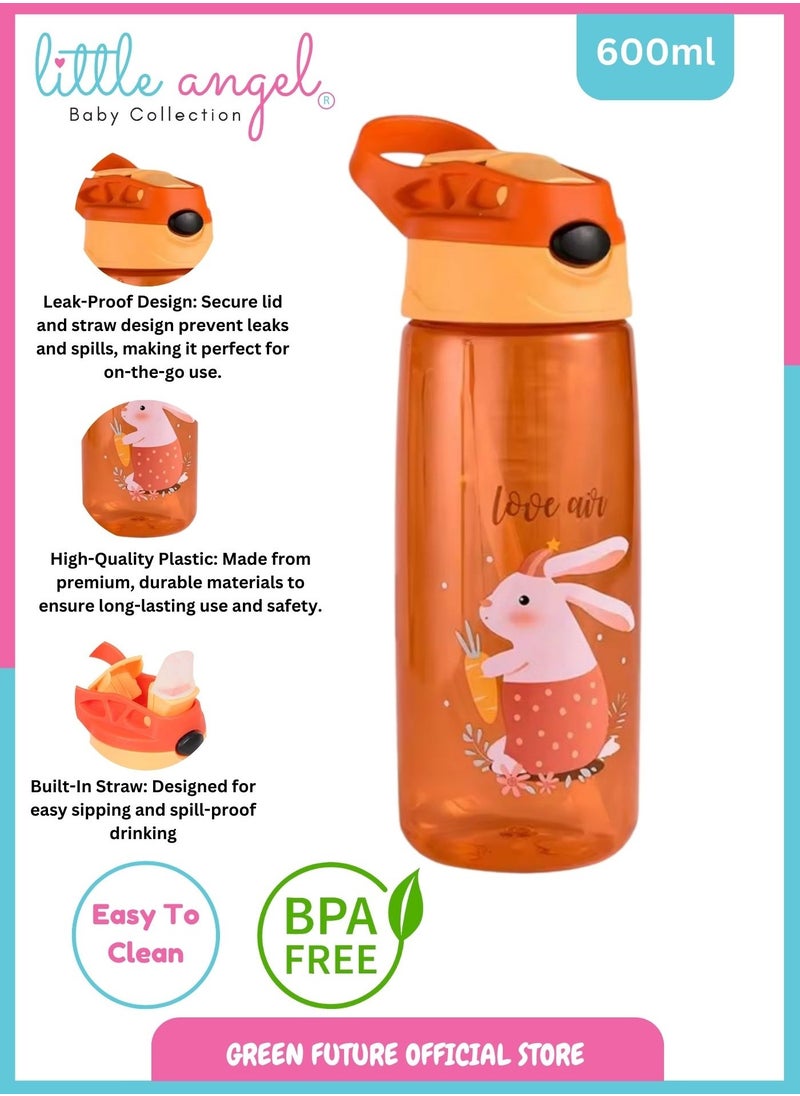 Little Angel Kids Water Bottle with Silicone Straw and Handle, Easy Use for Girls and Boys, BPA-free Water Bottle for Kids 600 ML - Orange  - Image 2