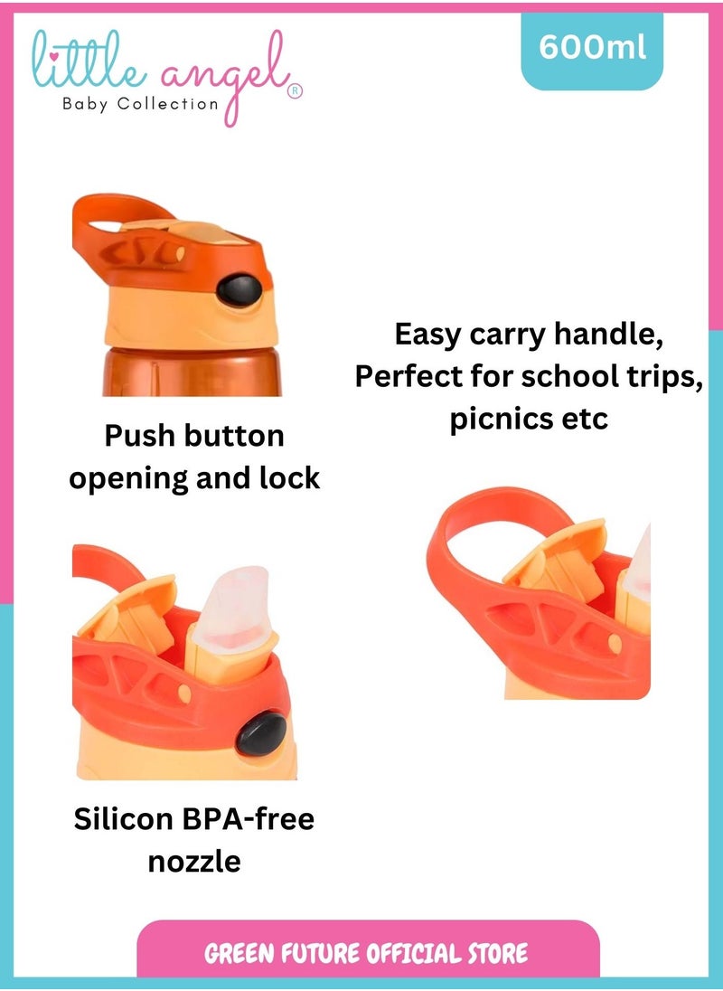 Little Angel Kids Water Bottle with Silicone Straw and Handle, Easy Use for Girls and Boys, BPA-free Water Bottle for Kids 600 ML - Orange  - Image 3