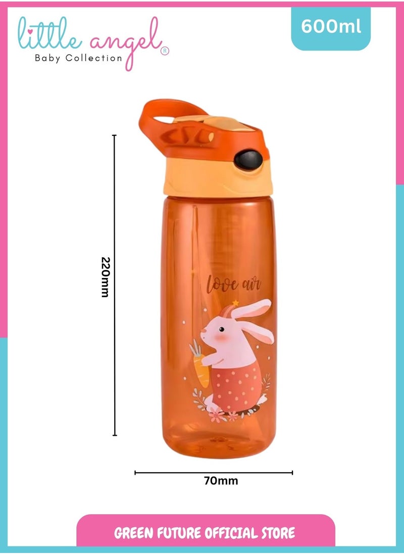 Little Angel Kids Water Bottle with Silicone Straw and Handle, Easy Use for Girls and Boys, BPA-free Water Bottle for Kids 600 ML - Orange  - Image 4
