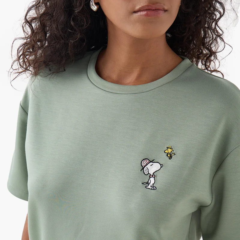 SP Characters  Snoopy Embroidered T-shirt with Crew Neck and Short Sleeves for Women | Best Price UAE