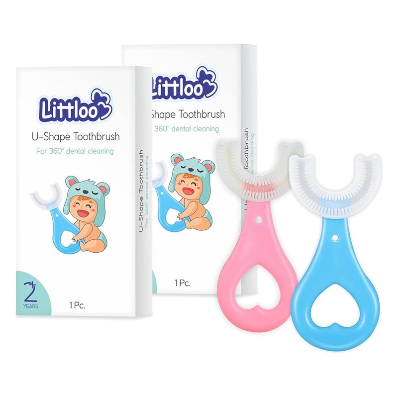 LITTLOO Baby U-Shaped Silicone Tooth Brush With Soft Bristles For Complete Manual 360 Degree Dental Cleaning, Material For New Borns, Toddlers & Children - Pack Of 2 (Blue & Pink) - Image 1