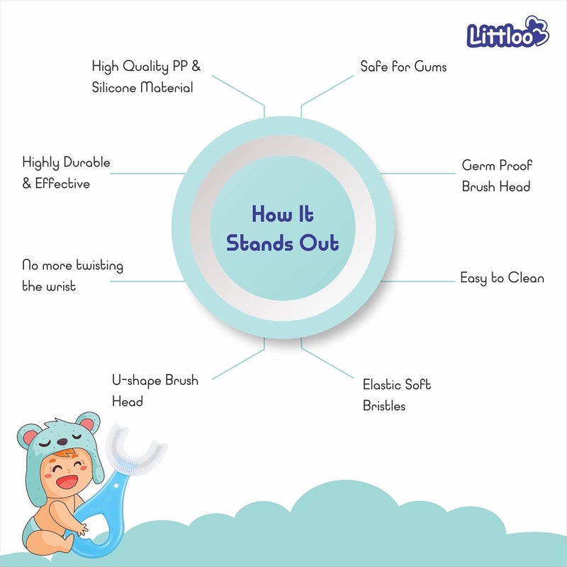 LITTLOO Baby U-Shaped Silicone Tooth Brush With Soft Bristles For Complete Manual 360 Degree Dental Cleaning, Material For New Borns, Toddlers & Children - Pack Of 2 (Blue & Pink) - Image 3