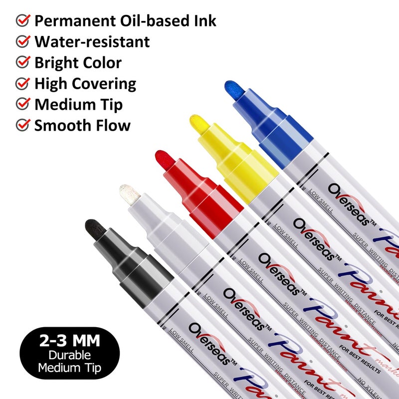 Overseas Paint Marker Pens - 5 Colors Permanent Oil Based Paint Markers, Medium Tip, Quick Dry, Waterproof Assorted Color Marker for Metal, Wood, Fabric, Plastic, Rock Painting, Stone, Canvas, Glass - Image 2