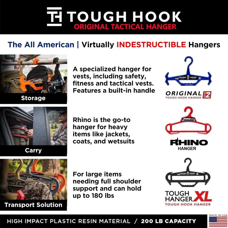 Tough Hook Rhino Tough Hook Heavy Duty Clothes Hangers â€“ Made in USA, Military Grade Coat Hanger for Body Armor â€“ 200-lb Capacity Suit Hangers â€“ The Everyday for Everything, The Indestructible Hanger, 1 Black - Image 3