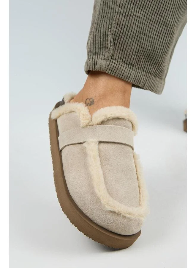 (Ecemi Platform) Women's Genuine Leather Fur Loafer Platform Beige Slip-on.