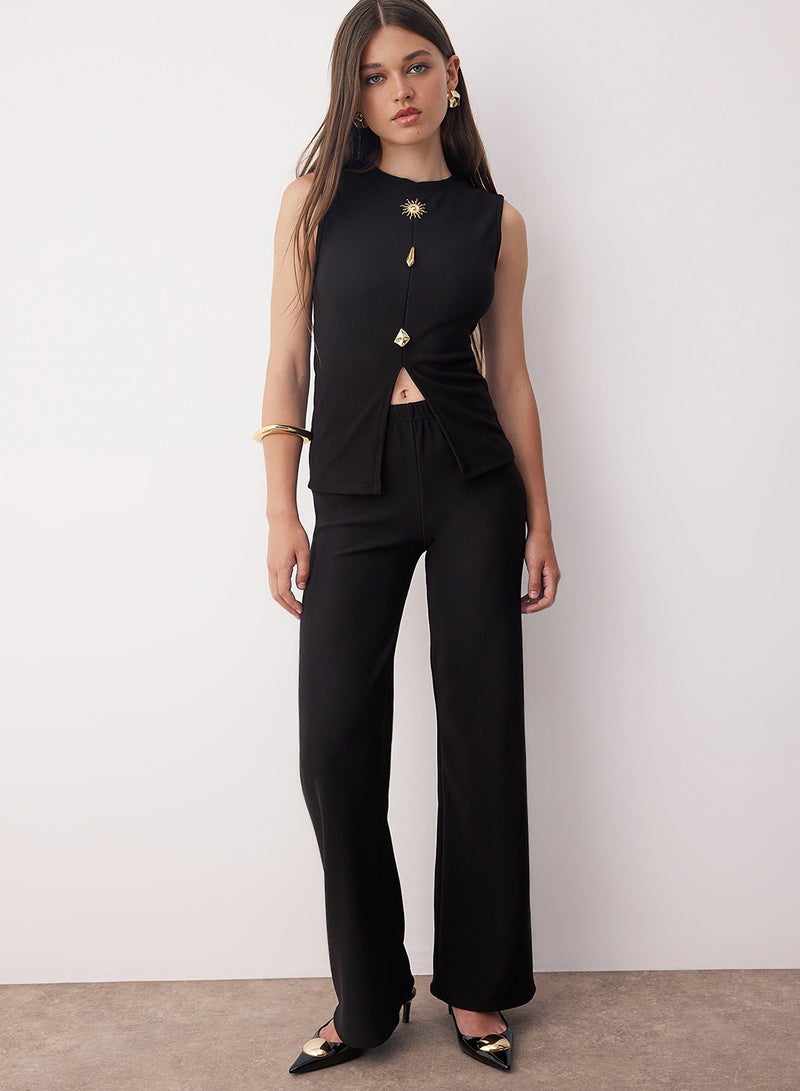 trendyol Black Ottoman Button Accessories Zero Sleeve Top Regular Pants Knitted Bottom - Top Set Twoaw26Au00083 - Image 2
