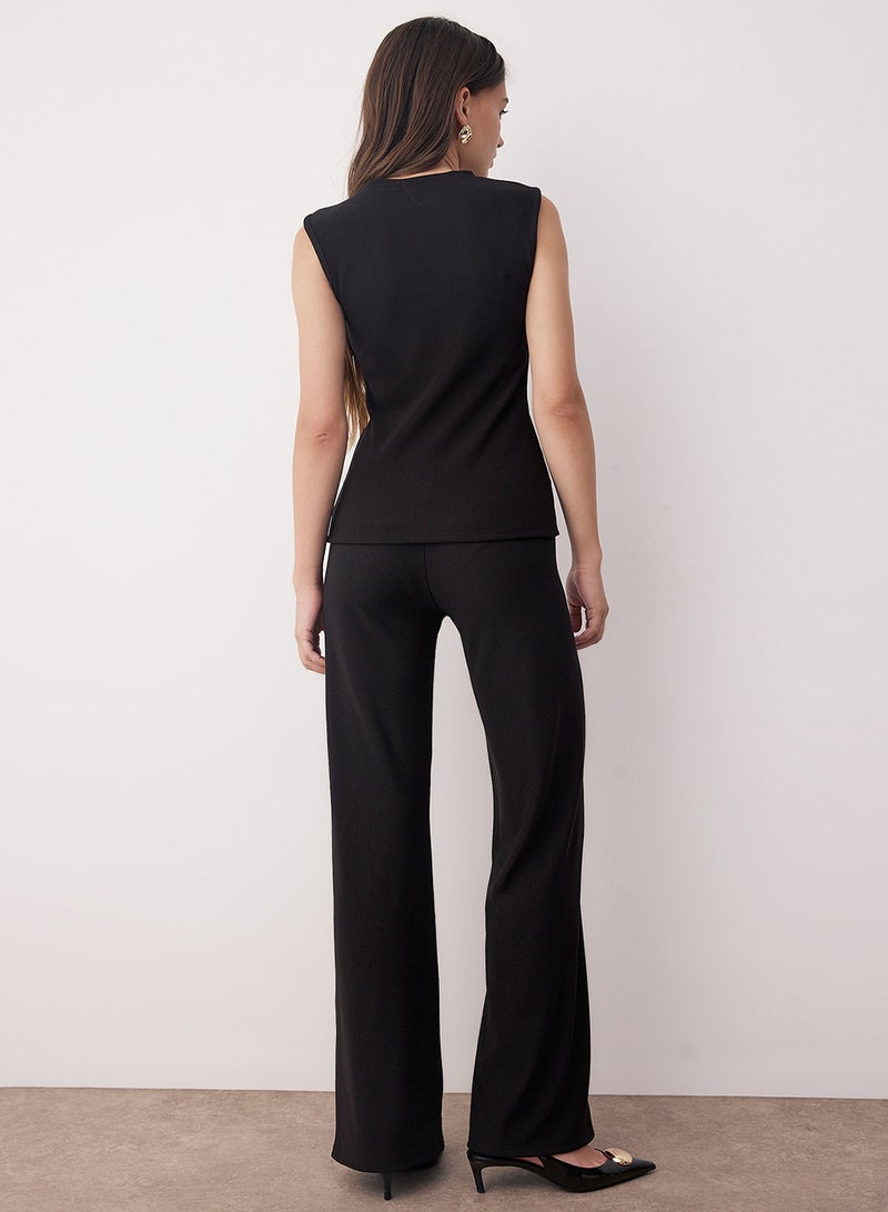 trendyol Black Ottoman Button Accessories Zero Sleeve Top Regular Pants Knitted Bottom - Top Set Twoaw26Au00083 - Image 4