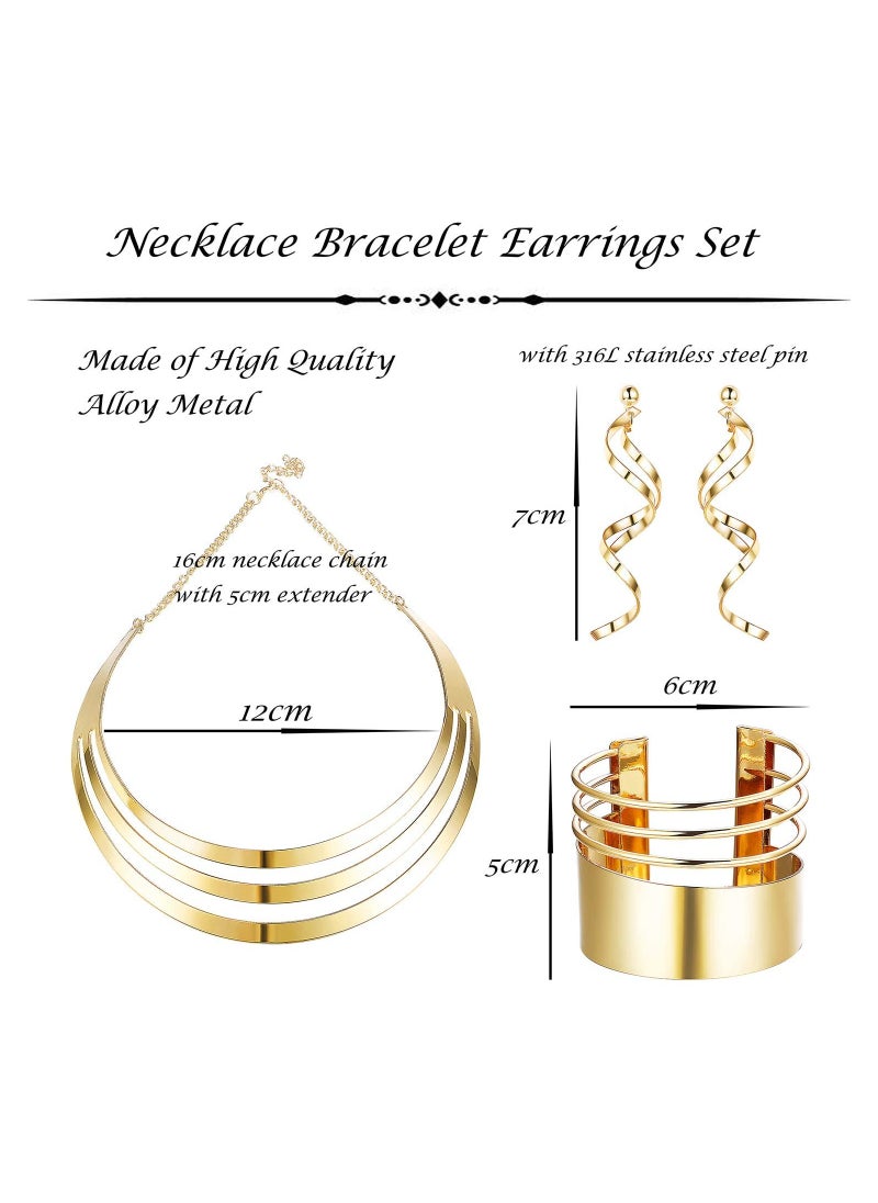SYOSI - 3 Pcs Gold Earring Necklace Bangle Set, Wide Cuff Bangle Bracelets Statement Dangle Earrings Upper Arm Band Cuff Wrist Cuff Festival jewellery, Hollow Out Earrings Bracelet Necklace for Women Jewelry - Image 1