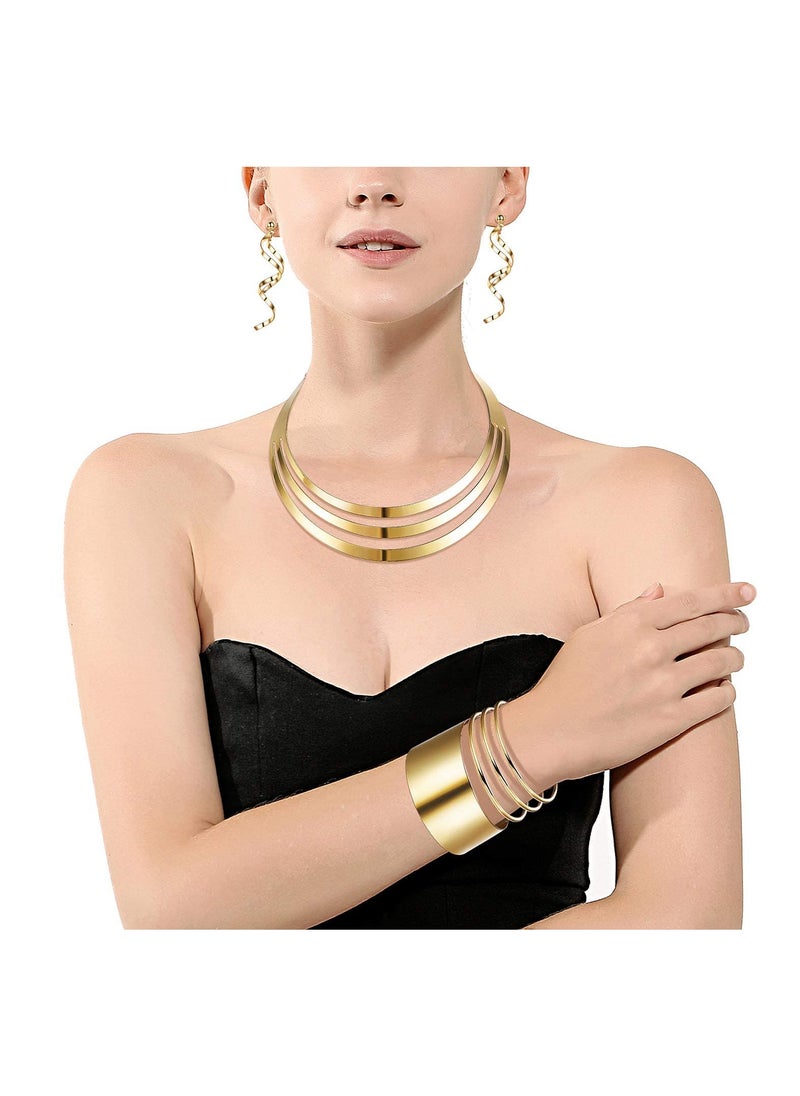 SYOSI - 3 Pcs Gold Earring Necklace Bangle Set, Wide Cuff Bangle Bracelets Statement Dangle Earrings Upper Arm Band Cuff Wrist Cuff Festival jewellery, Hollow Out Earrings Bracelet Necklace for Women Jewelry - Image 1