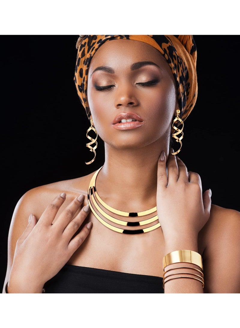 SYOSI - 3 Pcs Gold Earring Necklace Bangle Set, Wide Cuff Bangle Bracelets Statement Dangle Earrings Upper Arm Band Cuff Wrist Cuff Festival jewellery, Hollow Out Earrings Bracelet Necklace for Women Jewelry - Image 1