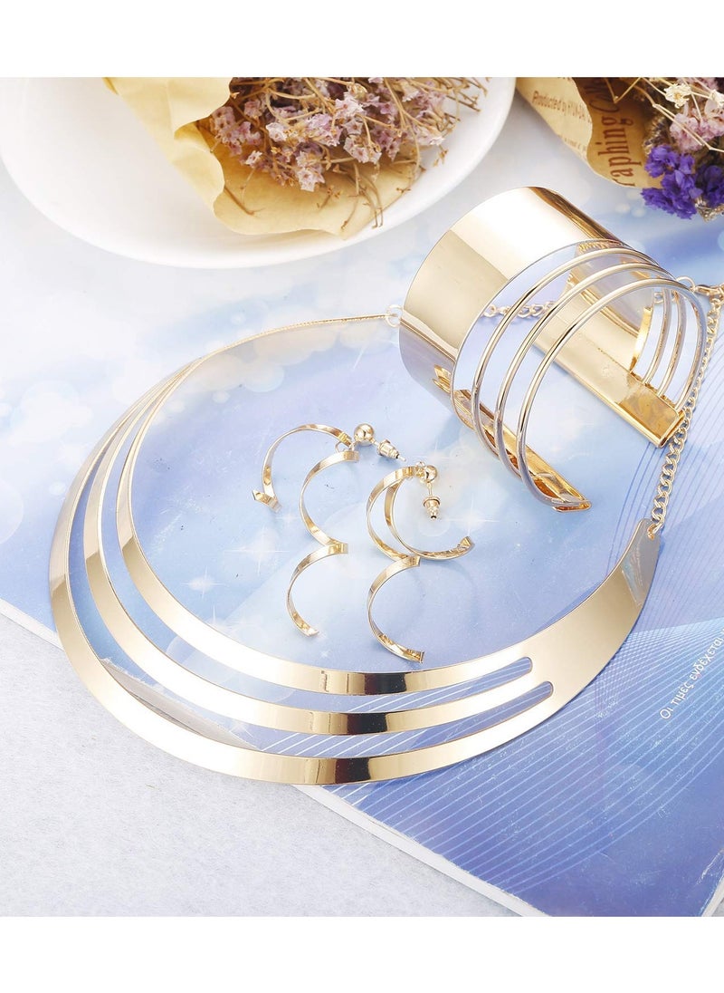 SYOSI - 3 Pcs Gold Earring Necklace Bangle Set, Wide Cuff Bangle Bracelets Statement Dangle Earrings Upper Arm Band Cuff Wrist Cuff Festival jewellery, Hollow Out Earrings Bracelet Necklace for Women Jewelry - Image 1