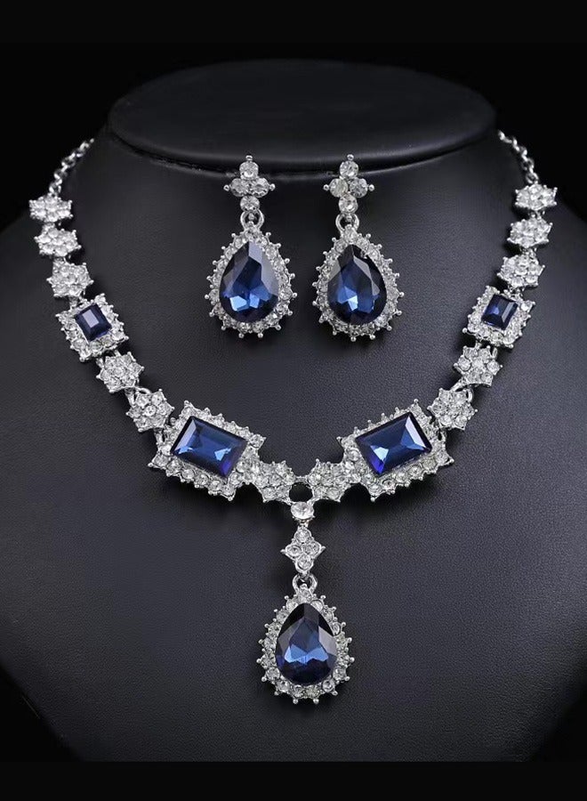 Blue Artificial Gemstone Necklace Earrings Set Banquet Collarbone Chain Bridal Accessory - Image 1
